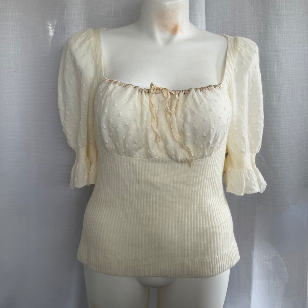 Anthropologie Wool Cashmere Knit‎ Blouse Size L Ivory Twee Romantic Feminine